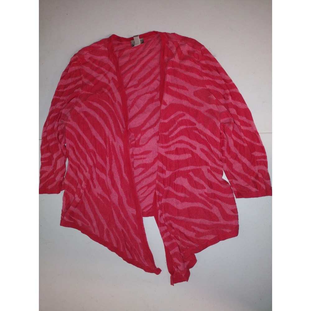 Chicos Red Pink Zebra Print Open Front Cardigan Sharkbite Hem Size 2‎ Large